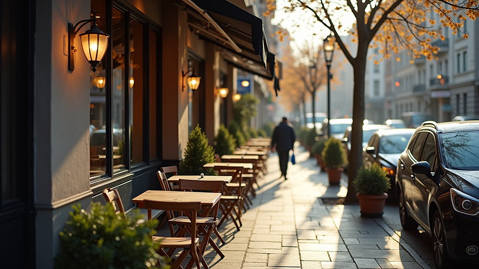 Eye-level view of a cozy café with outdoor seating