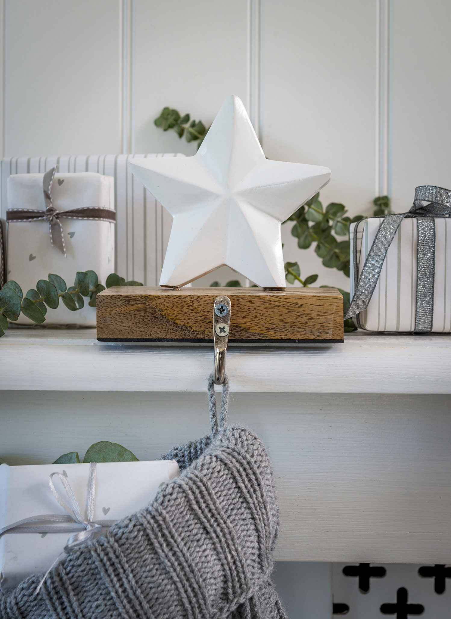 White Wooden Star Stocking Hanger
