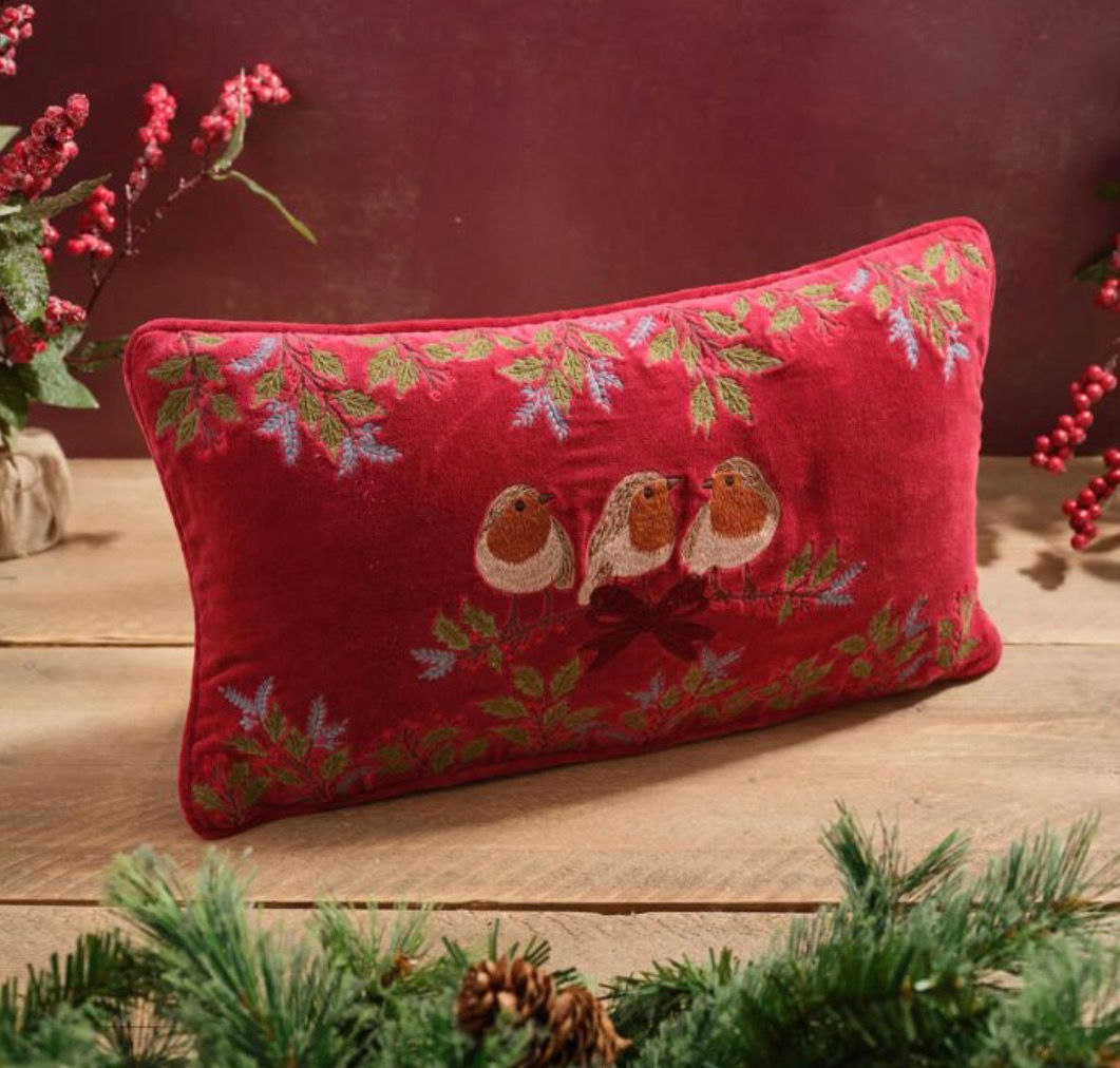Embroidered velvet robin cushion (pre order)