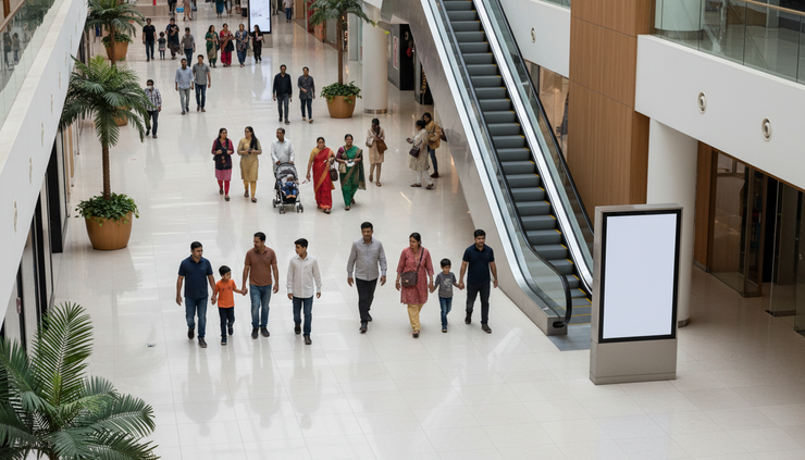 High-angle view of a small shopping mall corridor with families walking near a blank digital information screen.