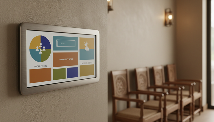 Close-up view of a smart LED screen in a restaurant waiting area showing a simple community information layout.