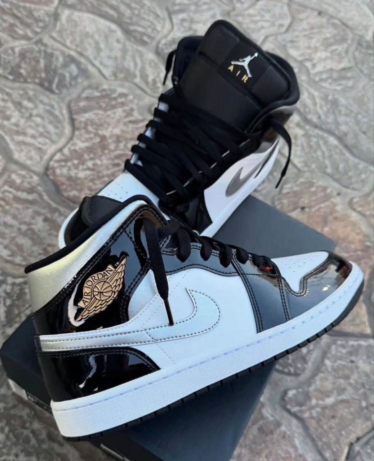 AIR JORDAN BLACK PATENT HIGH TOP SNEAKERS