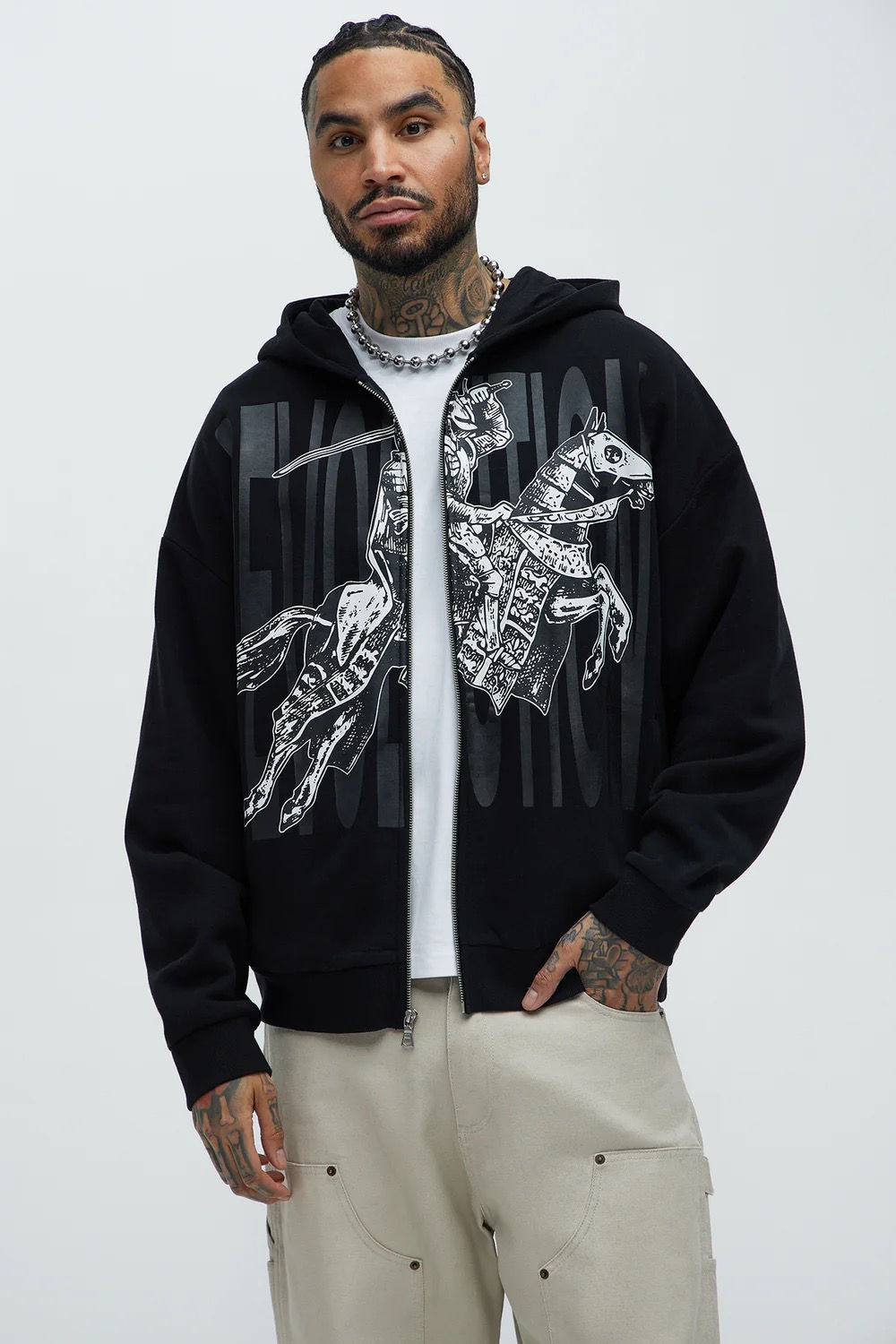 Crusader Printed Oversized Zip Hoodie - Black