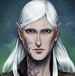 Alyn, a white-haired half-elf wizard.