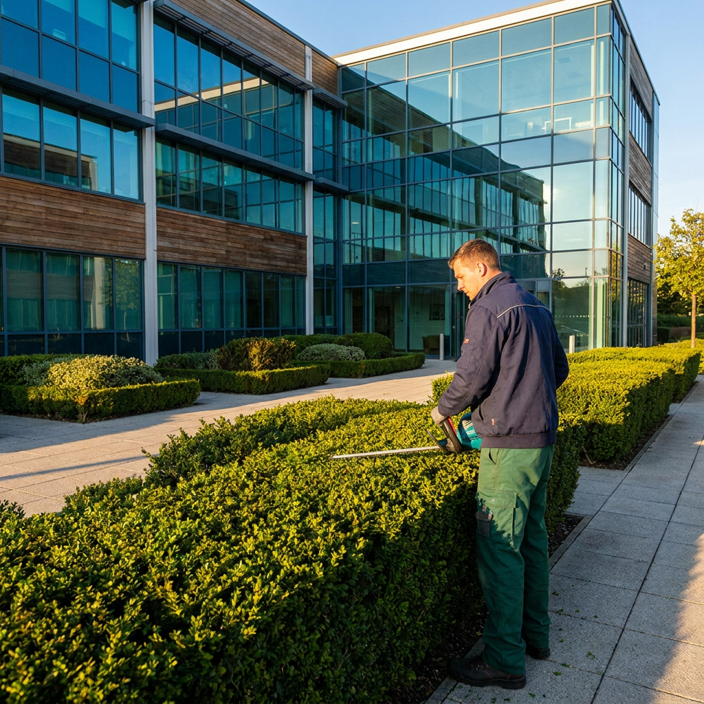 Groundskeeper trimming hedges outside a commercial office building