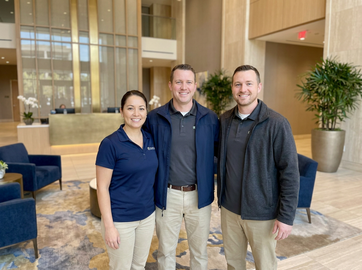 Meadows Enterprises facilities team standing together in a commercial building lobby