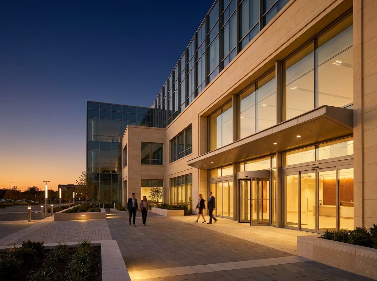 Exterior entrance of a modern commercial office building
