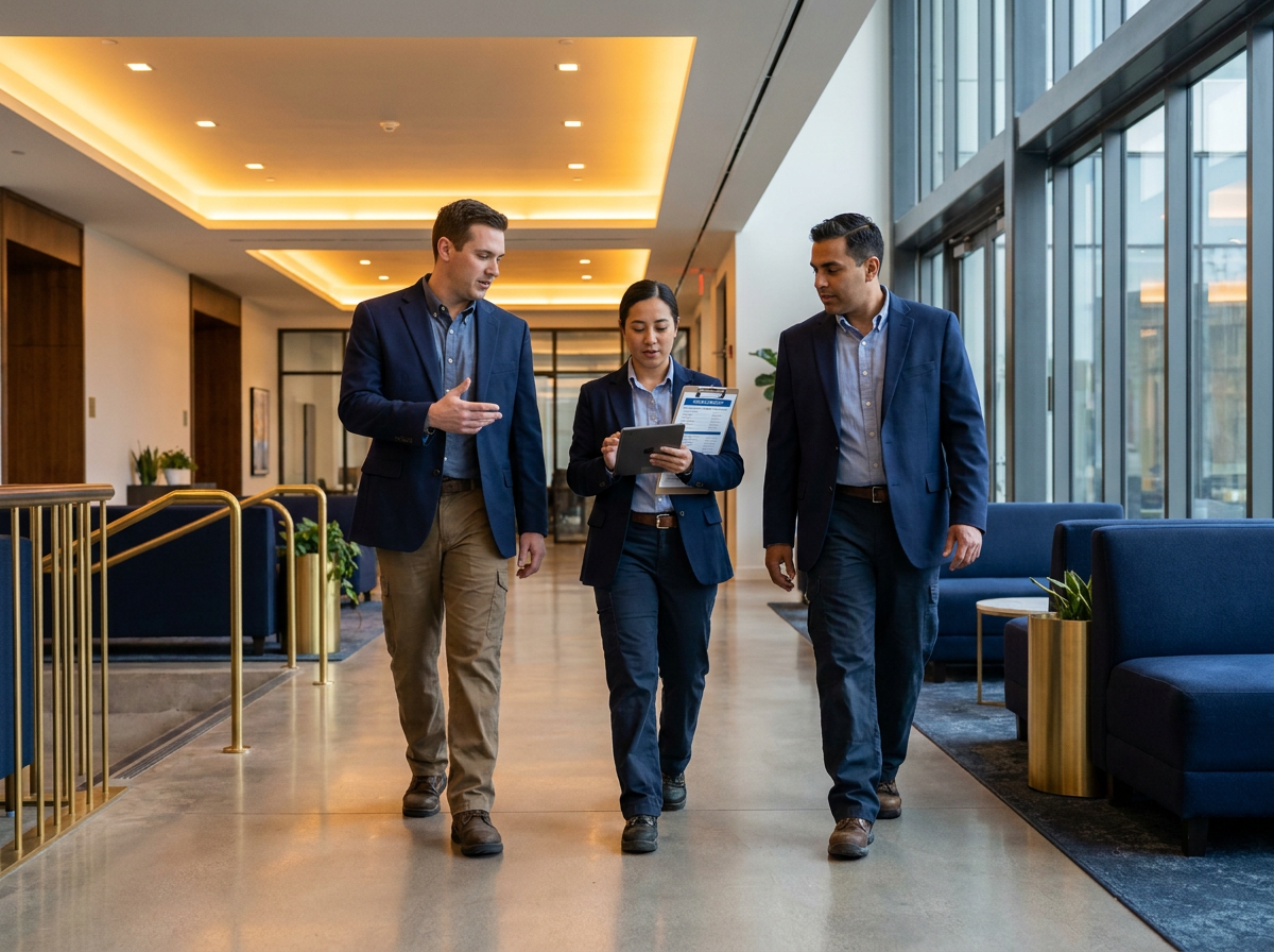 Facilities maintenance team reviewing a service checklist in an office lobby