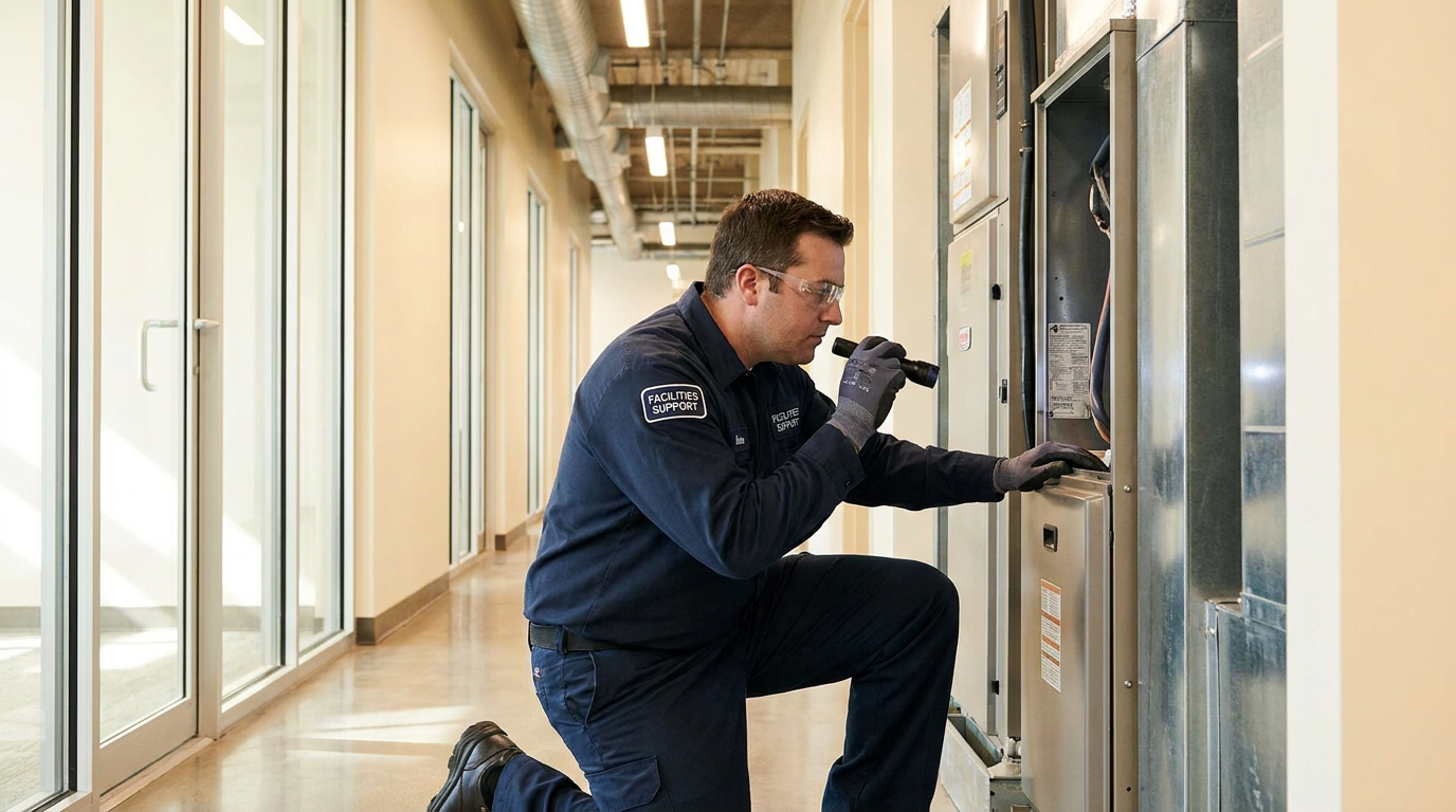 Facilities support technician inspecting equipment in a commercial office corridor