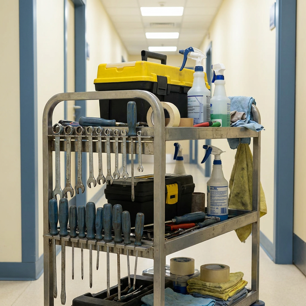 Facilities maintenance tools and supplies organized on a service cart