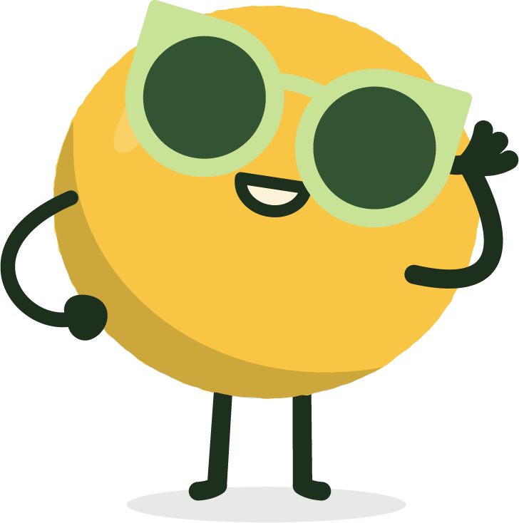 Happea, la mascotte de Peas up, avec des lunettes de soleil