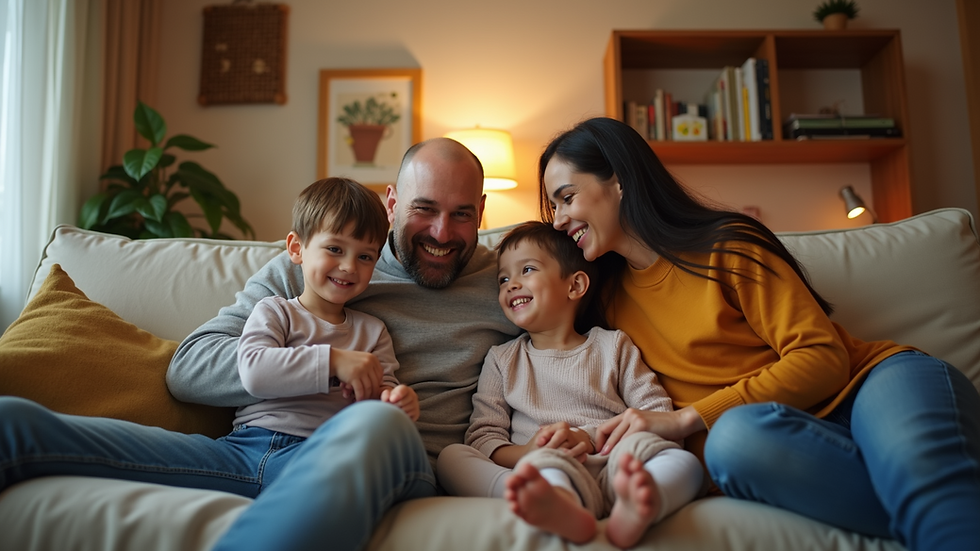 Eye-level view of a family enjoying quality time together in a cozy living room
