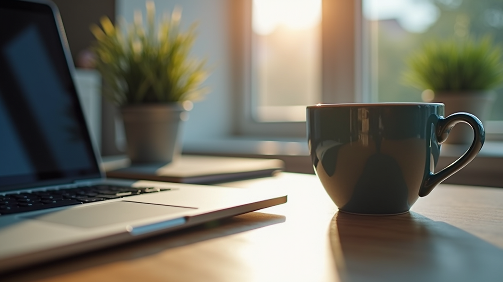 Close-up view of a laptop and coffee cup on a desk, symbolising online coaching sessions