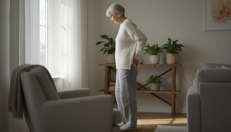 Eye-level view of an older adult standing in profile with a rounded upper back