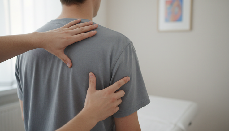 Close-up of a clinician's hands assessing upper back posture on a patient in casual clothing