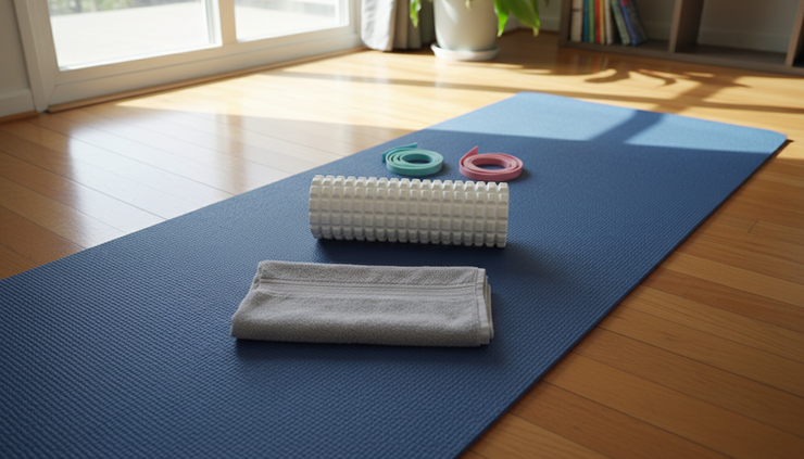 Overhead view of resistance bands and a yoga mat arranged for upper back exercise
