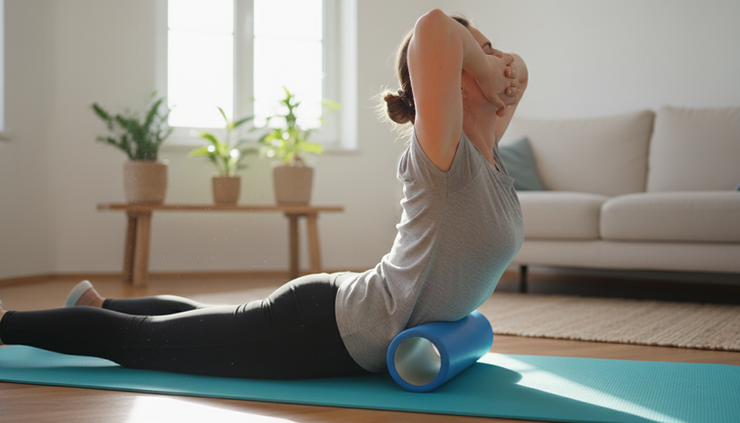 Side view of a person gently extending the upper back over a foam roller