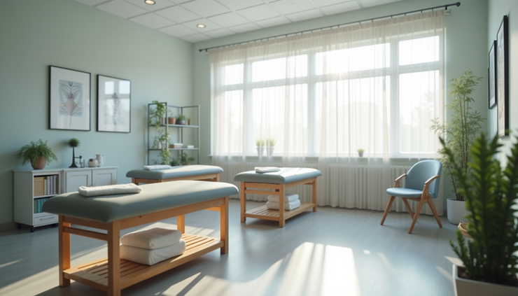 Eye-level view of a chiropractic clinic treatment room with therapy equipment