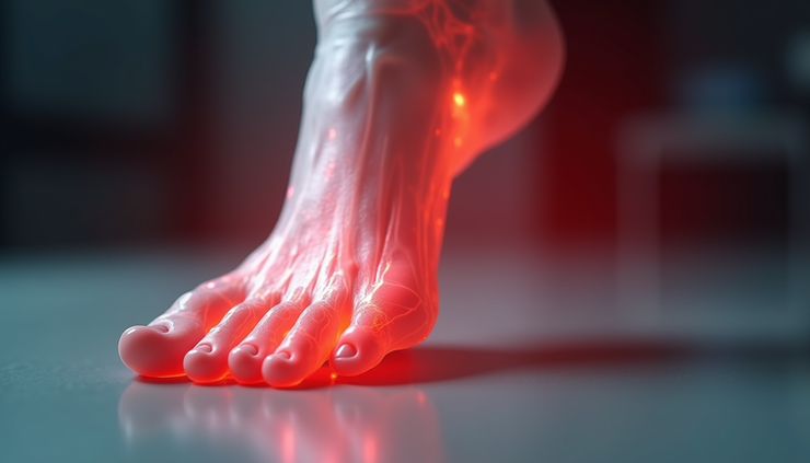 Close-up view of a foot with highlighted plantar fascia area