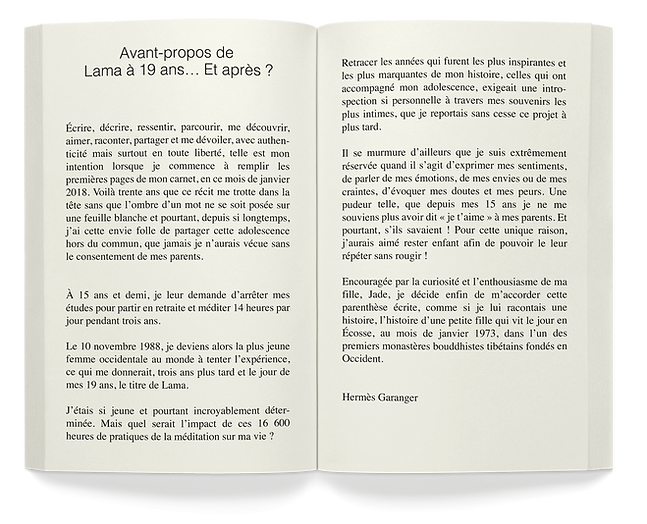 Avant-propos livre Lama à 19 ans... Et après ? Hermès Garanger Lama Conférencière