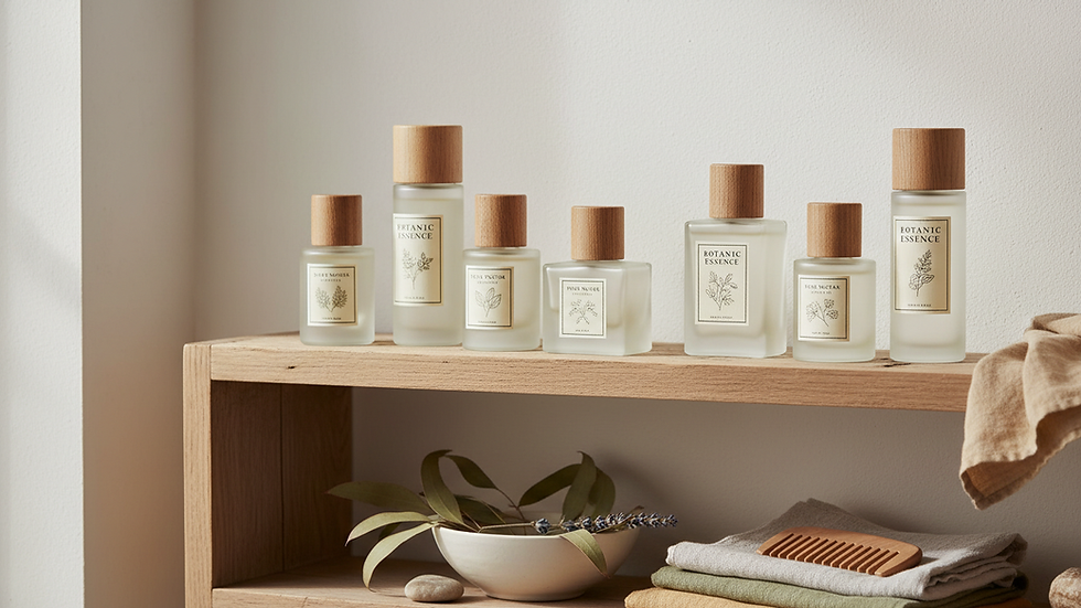 Eye-level view of elegant natural perfume bottles on wooden shelf