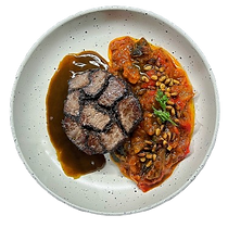 Mosaïque de rumsteck, ratatouille et jus corsé réduit