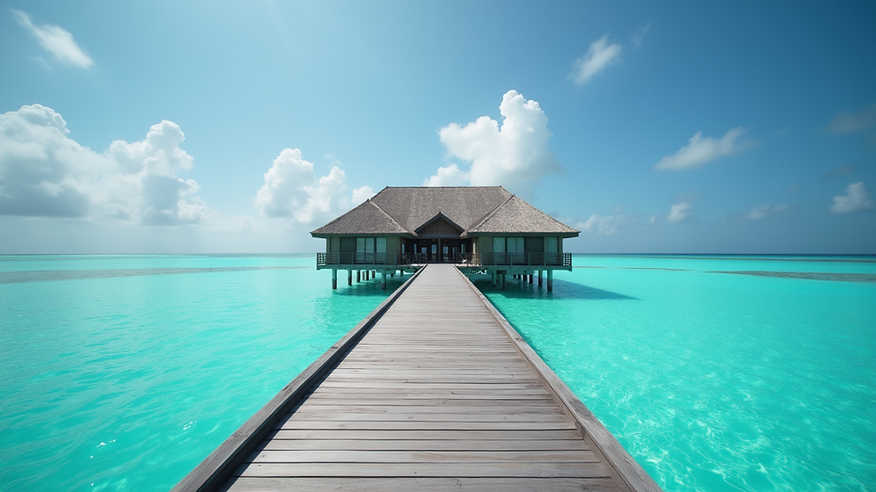 Eye-level view of an overwater villa in the Maldives with turquoise water