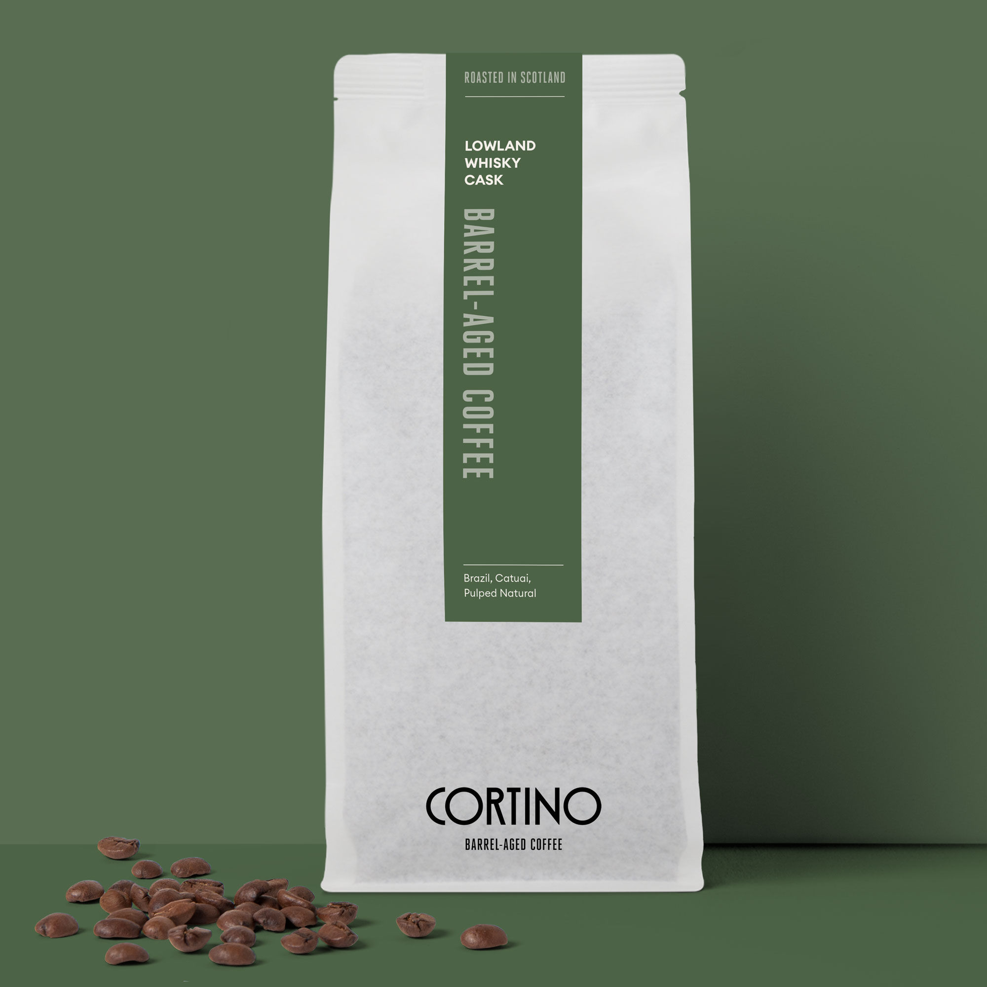 Bag of Lowland Whisky Cask Coffee with coffee beans