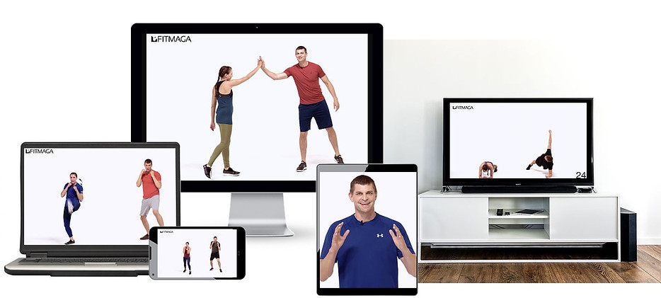 Darstellung des Online-Fitmaga-Programms auf kompatiblen Geräten wie Android, iOS, Smart-TV und PC