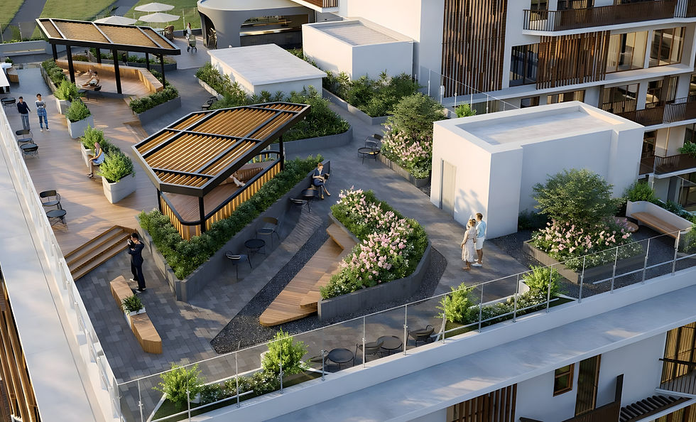 Rooftop garden with pergolas, seating, and plants at One Tolentino East Residences Tagaytay.