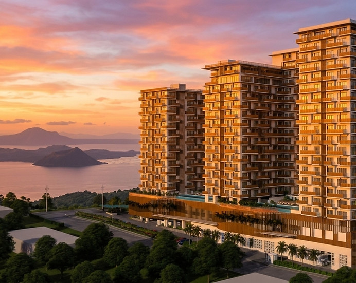 One Tolentino East Tagaytay complex, sunset over lake