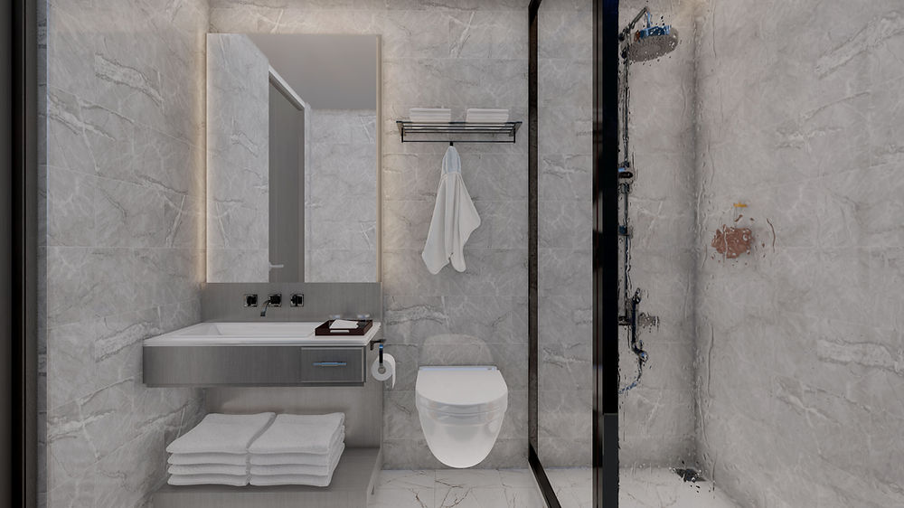 Modern bathroom with vanity, toilet, and shower