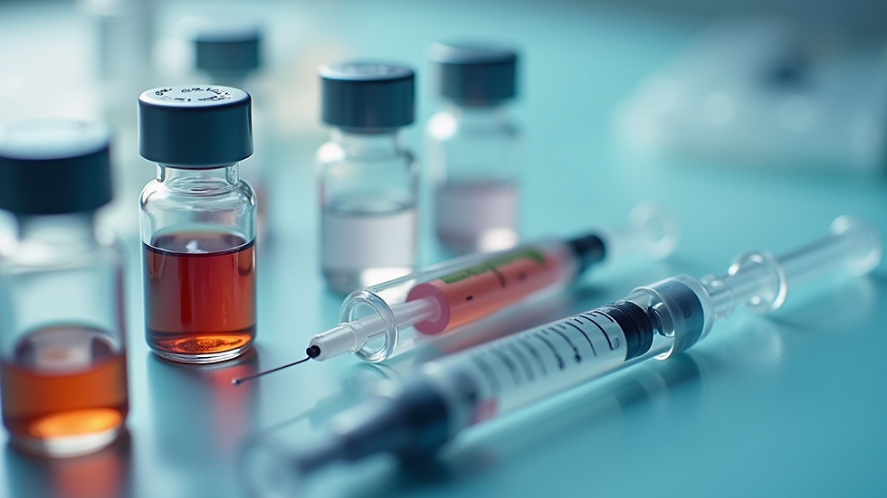 Close-up view of hormone testing kit with vials and syringes