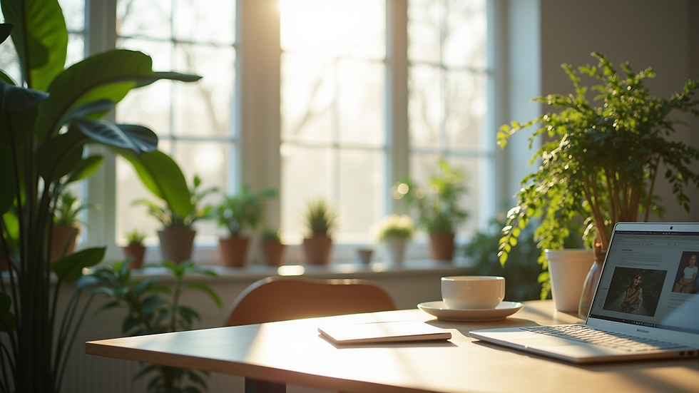 Eye-level view of a serene workspace with plants and natural light