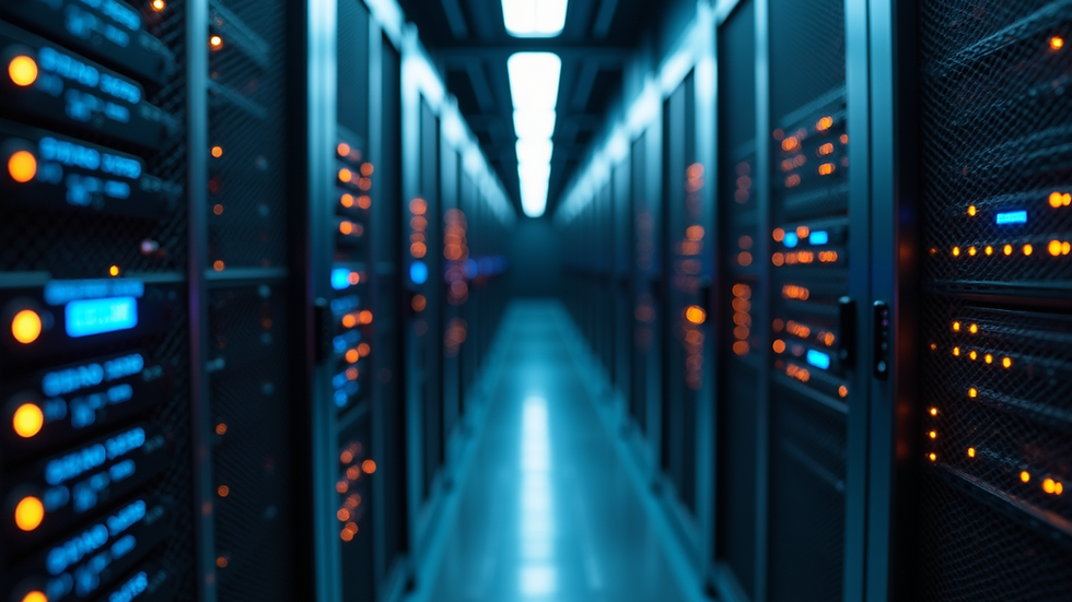 High angle view of a server room with blinking lights and cables