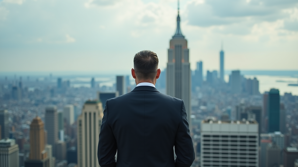 High angle view of a leader standing confidently in front of a city skyline