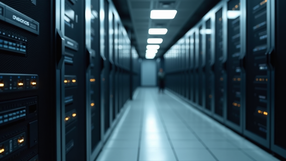 Eye-level view of a server room with racks of network equipment
