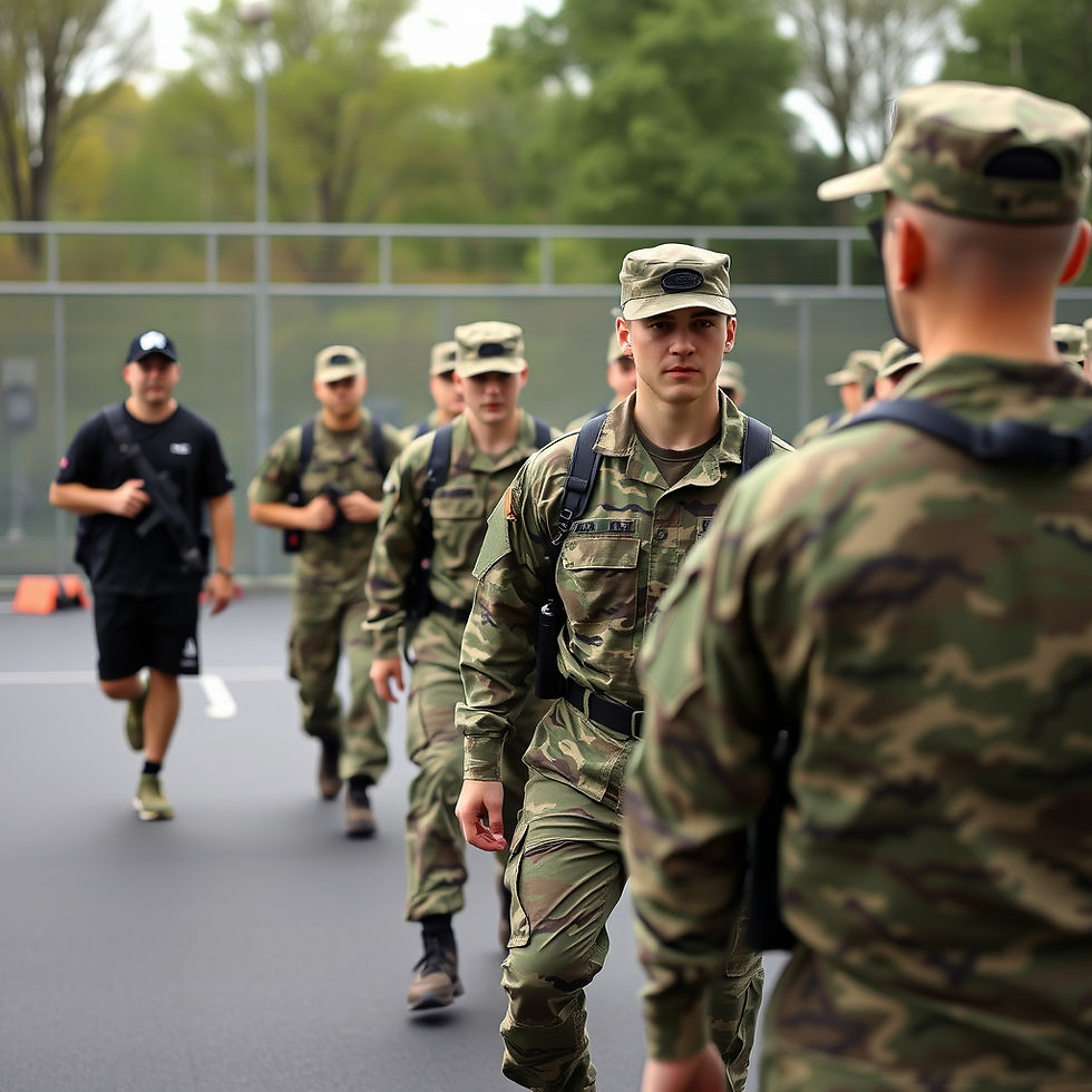 soldiers following a drill instructor during a physical training exercise