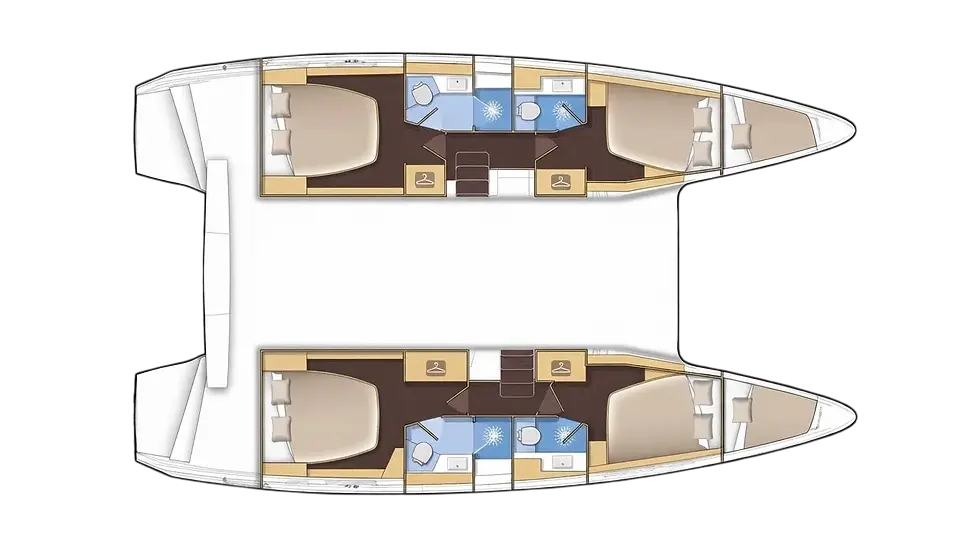 Floor plan illustration of a catamaran's detailed interior layout, showcasing multiple cabins and bathrooms across its twin hulls. The design emphasizes symmetry and ample living space.