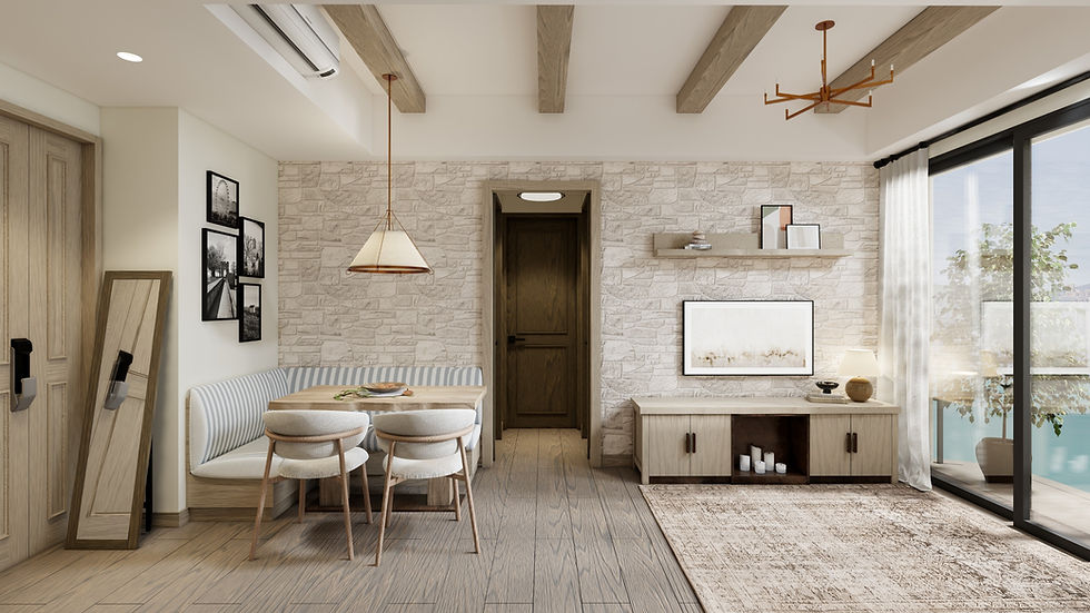 Open plan living and dining area with modern rustic decor
