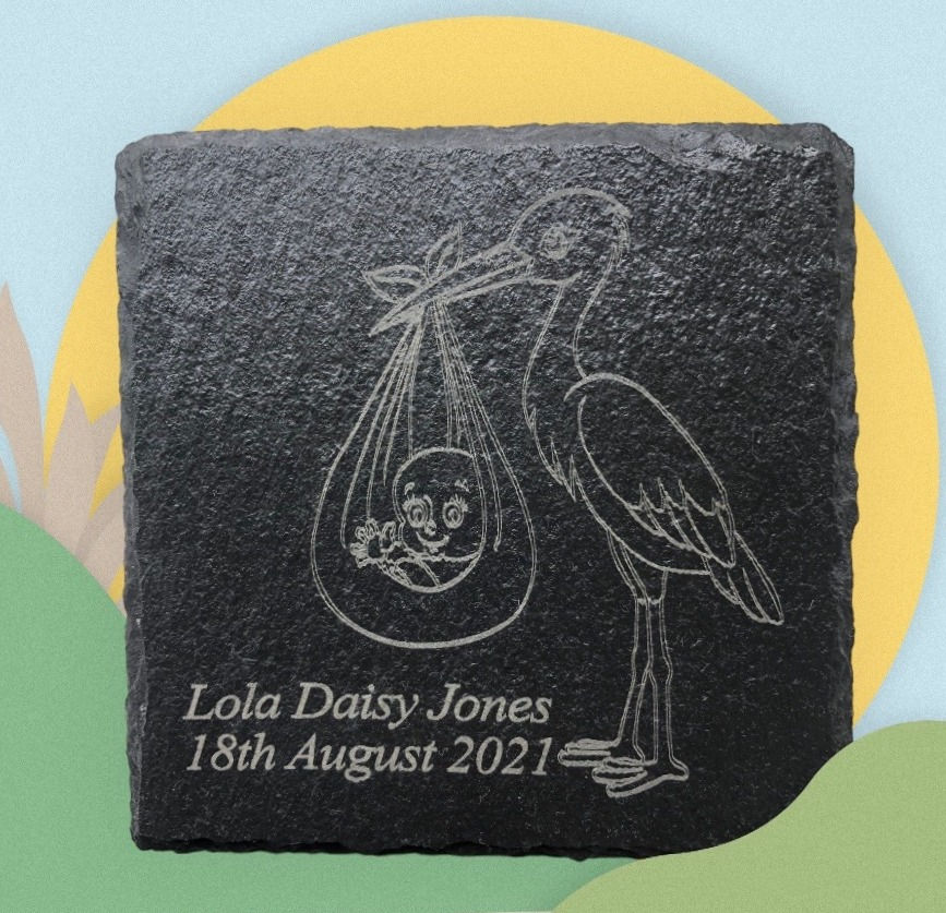 Thumbnail: Personalised Baby’s Laser Engraved Stork Coaster/Plaque.