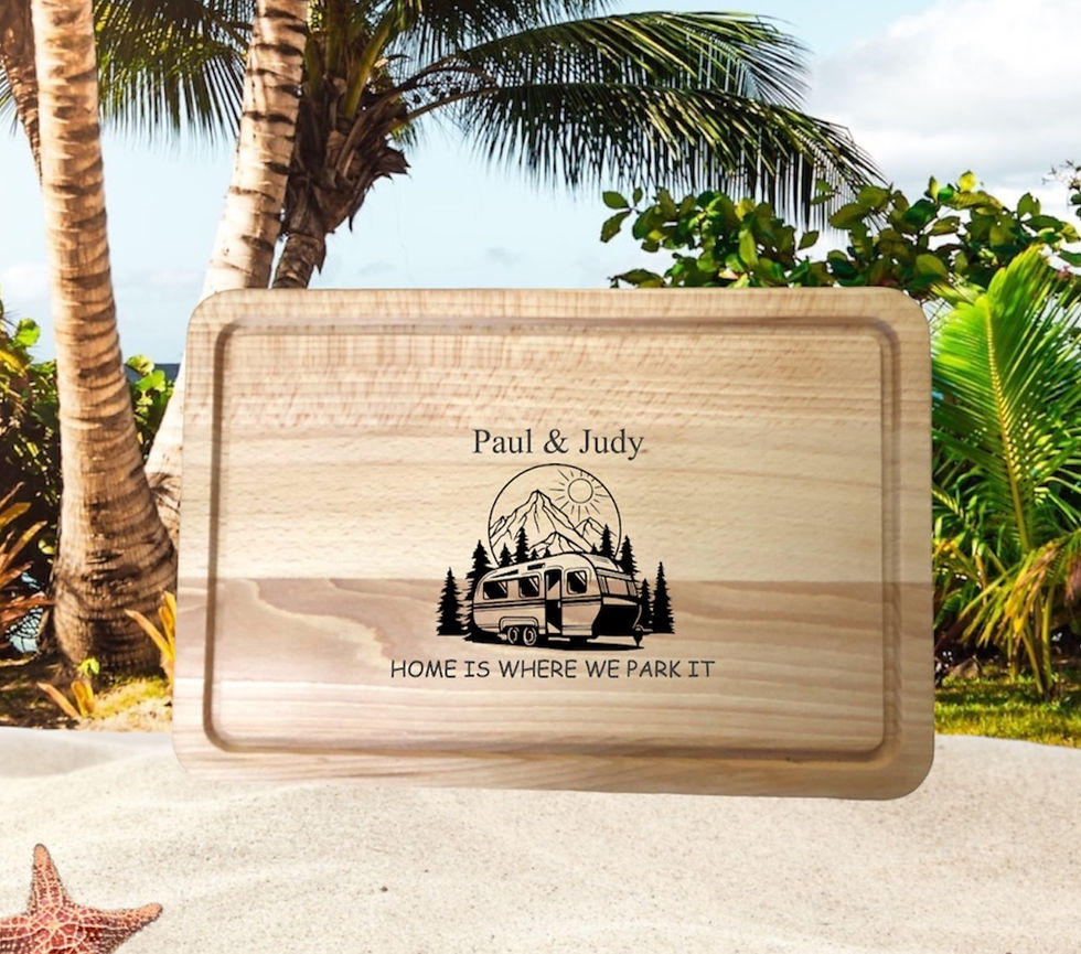 Personalised wooden laser engraved "HOME IS WHERE WE/YOU PARK IT" Chopping Board, Serving Board