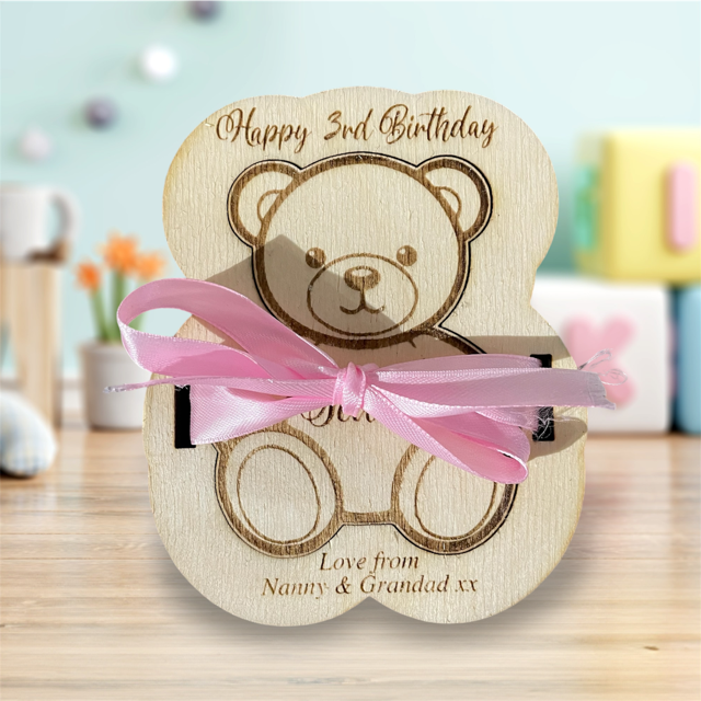 Personalised Engraved Wooden Childs Birthday Teddy Money Holder Gift