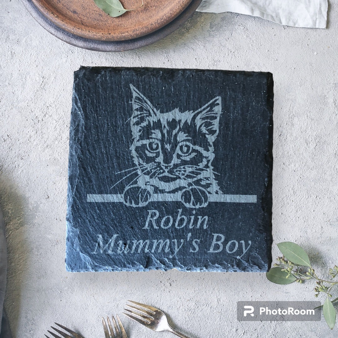 Personalised Laser Engraved Slate Pet Cat Coaster Any Breed