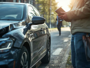 Fahrzeughalter überlegt nach Unfall ob Schaden gemeldet oder Anwalt eingeschaltet wird während Gutachter das Auto prüft in Halle, Leipzig und Umgebung