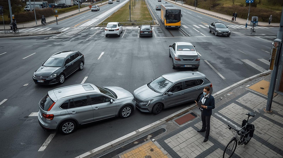 Kfz-Gutachter prüft Schäden nach Unfall an typischer Leipziger Verkehrsstelle