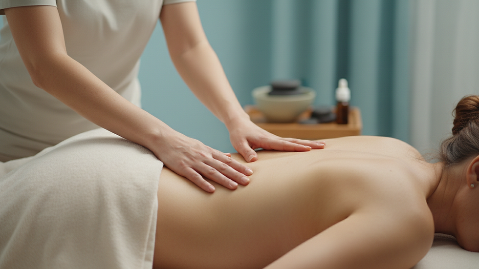 Close-up view of a therapist’s hands gently massaging a pregnant woman’s lower back