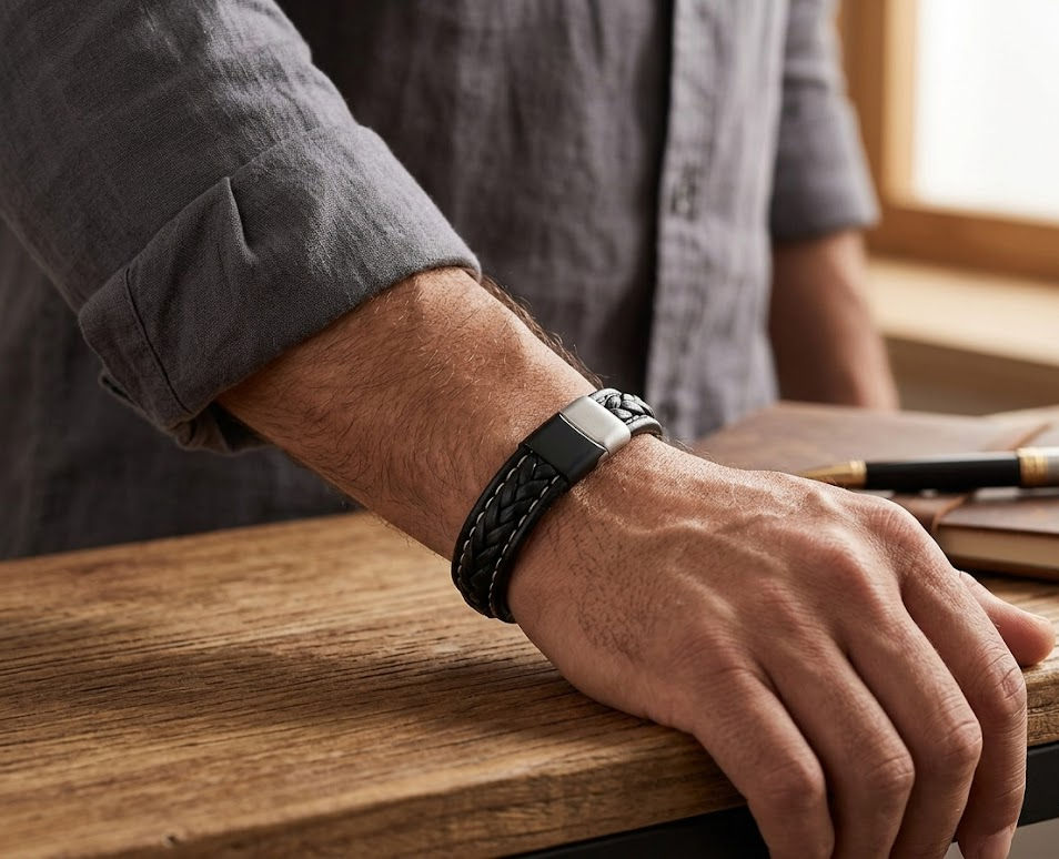 Brazalete de cuero negro con costura