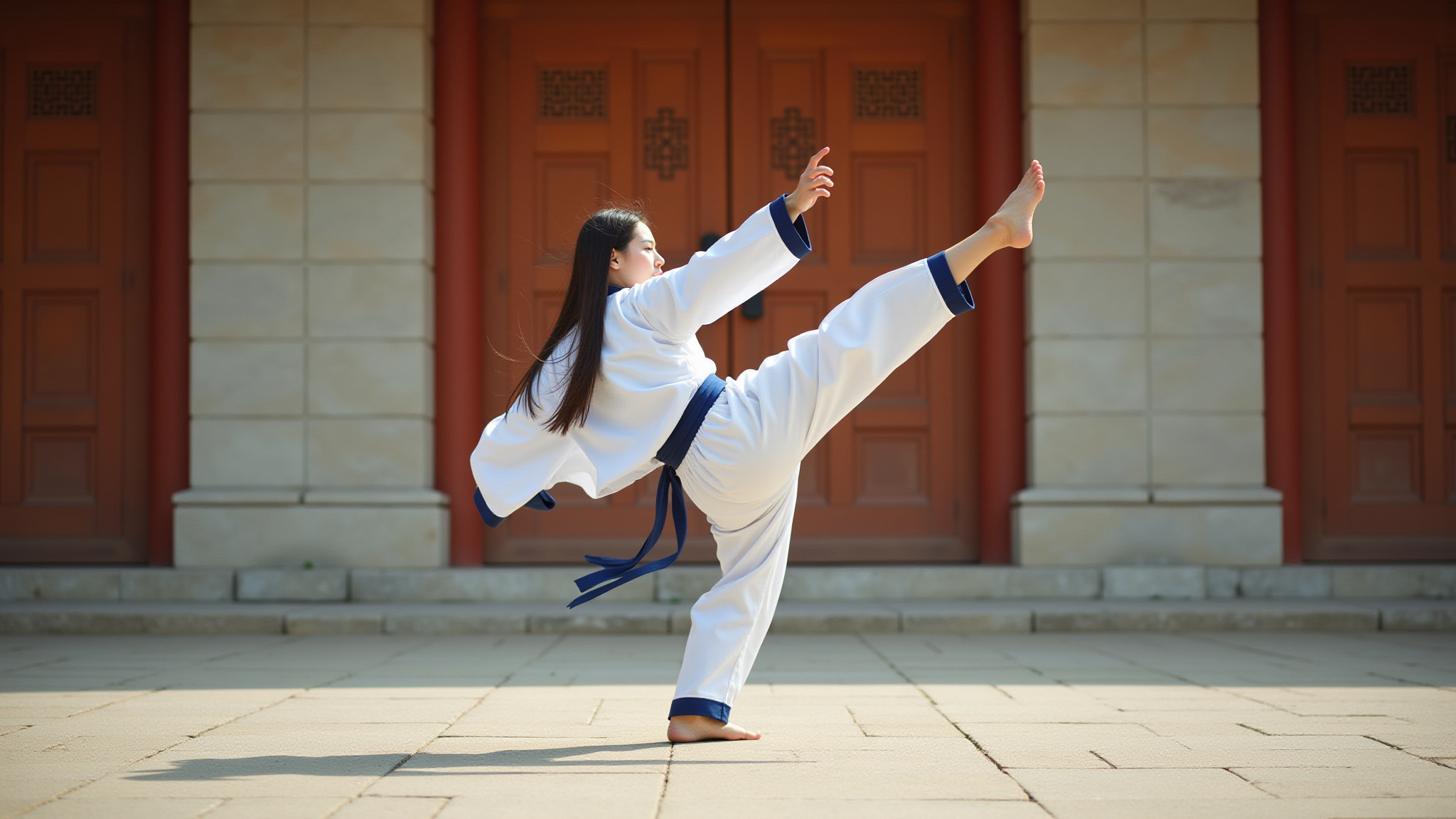 young woman precticing taekkyon korean cultural martial art