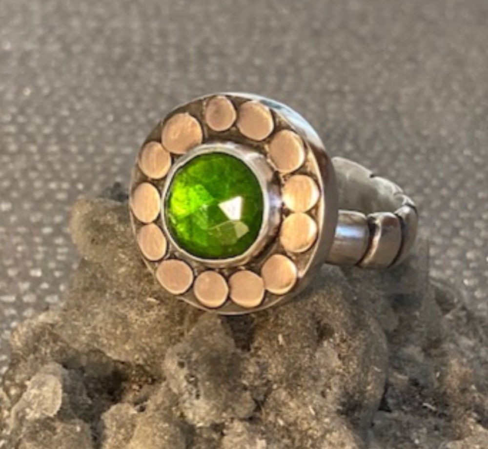Green Tourmaline, Sterling silver and 18ct rose gold ring.